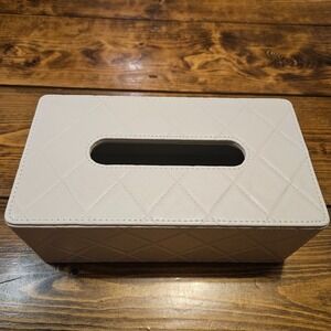 GCDS Home Quilted Faux Leather Tissue Box Cover Holder Cream Rectangular Decor